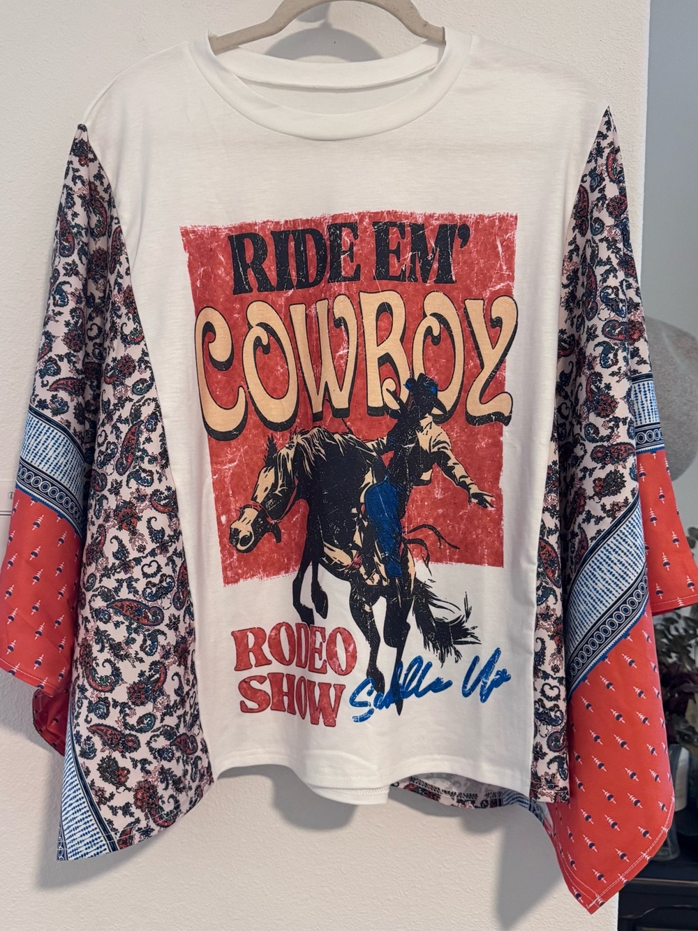 Cowboy Graphic Tee - White with Red & Blue Sleeve Panels